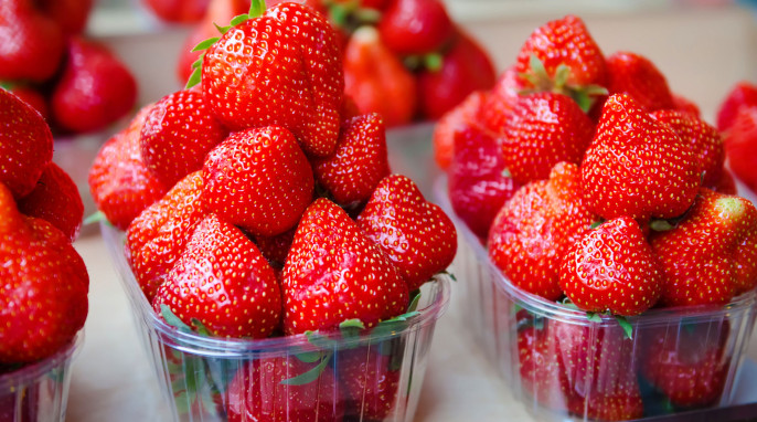 Erdbeeren in vollgefüllten Plastikschalen
