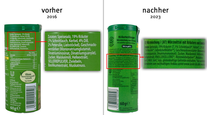 alt: Zutatenliste, Knorr Kräuterlinge Gartenkräuter, 2016 ; neu: Knorr Kräuterlinge Würzmischung Gartenkräuter, 2023  