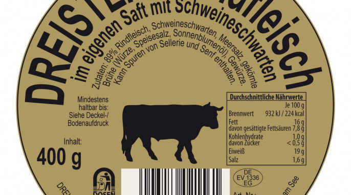 neu: Deckel, Dreistern Rindfleisch im eigenen Saft, ab 2017, Herstellerfoto