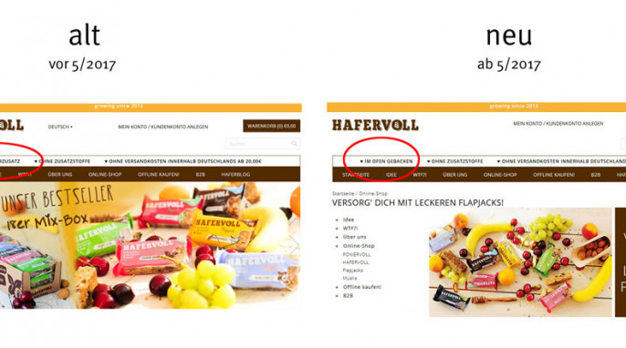 alt: Hafervoll Müsliriegel – Homepage, vor Mai 2017; neu: ab Mai 2017