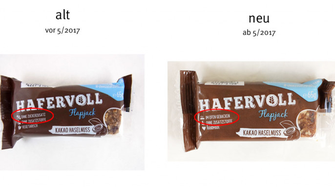 alt: Hafervoll Flapjack, Beispiel Sorte Kakao Haselnuss, vor Mai 2017; neu: ab Mai 2017