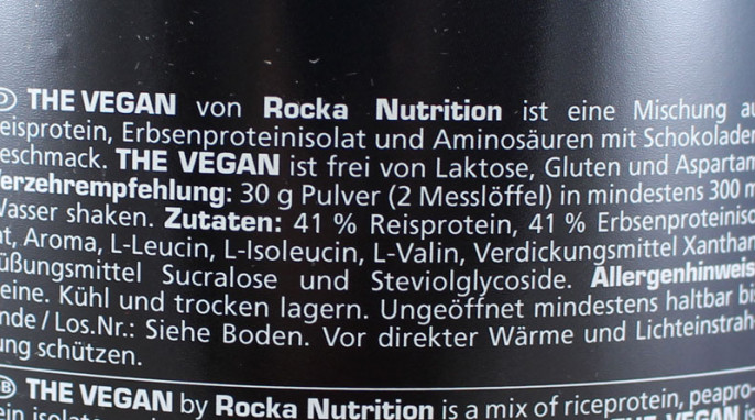 Zutaten, Rocka Nutrition Proteinpulver, Beispiel Sorte Vegan Milk Chocolate 