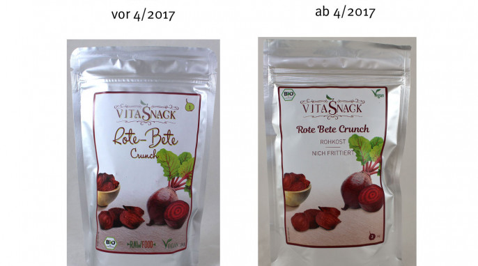 alt: VitaSnack Rote Bete Crunch, vor April 2017, neu: VitaSnack Rote Bete Crunch, ab April 2017
