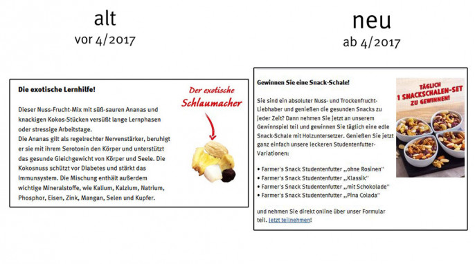 alt: Werbung, Farmer`s Snack Studentenfutter Pina Colada auf farmers-snack.net, Januar 2017; neu: April 2017