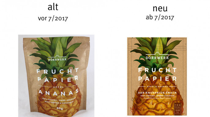 alt: Dörrwerk Fruchtpapier Apfel Ananas, vor Juli/2017; neu: Herstellerfoto, ab Juli/2017