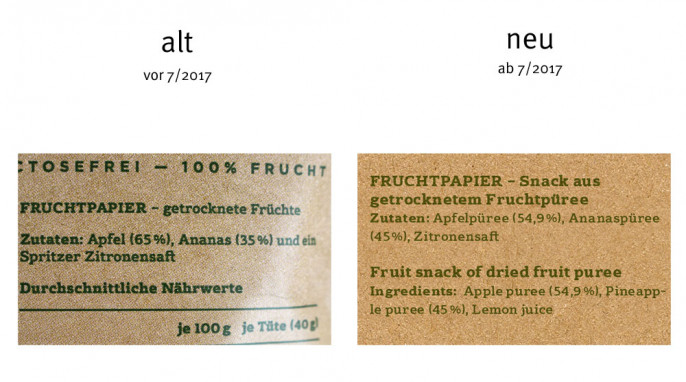 alt: Zutaten, Dörrwerk Fruchtpapier Apfel Ananas, vor Juli/2017; neu: Herstellerfoto, ab Juli/2017