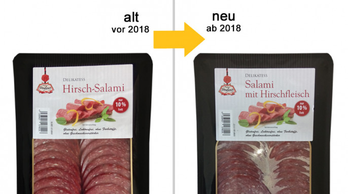 alt: Greußner Delikatess Hirsch-Salami, vor 2018; neu: Greußner Delikatess Salami mit Hirschfleisch, ab 2018