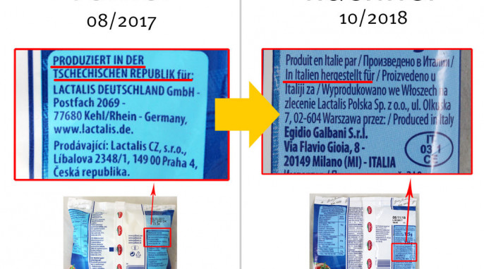 alt: Herkunft, Galbani Mozzarella, vor 10/2018; neu: nach 10/2018 