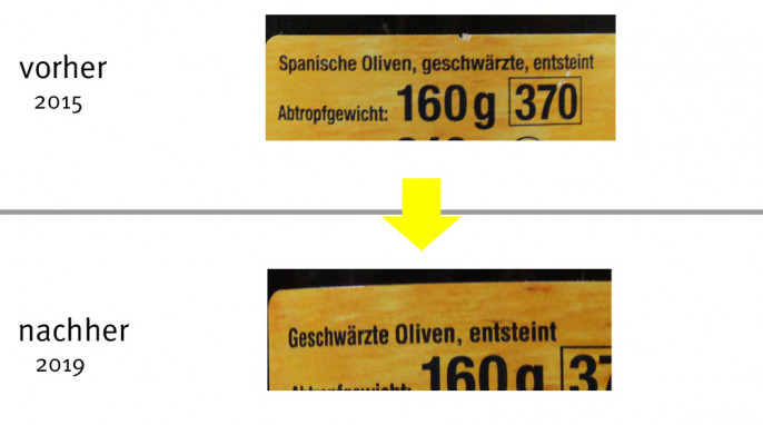 Bezeichnung, Gut & Günstig Schwarze Oliven, entsteint, 2015; Oliven, geschwärzt, 2019