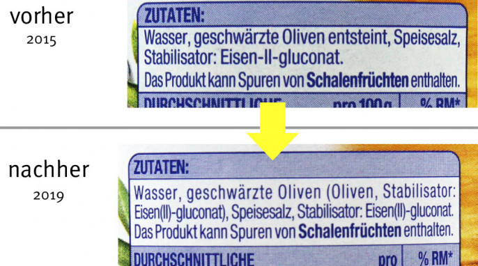 Zutaten, Gut & Günstig Schwarze Oliven, entsteint, 2015; Oliven, geschwärzt, 2019