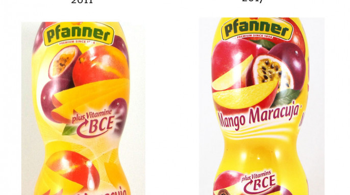 alt: Pfanner „Mango Maracuja“, 2011; neu: Pfanner „Mango Maracuja“ 2017