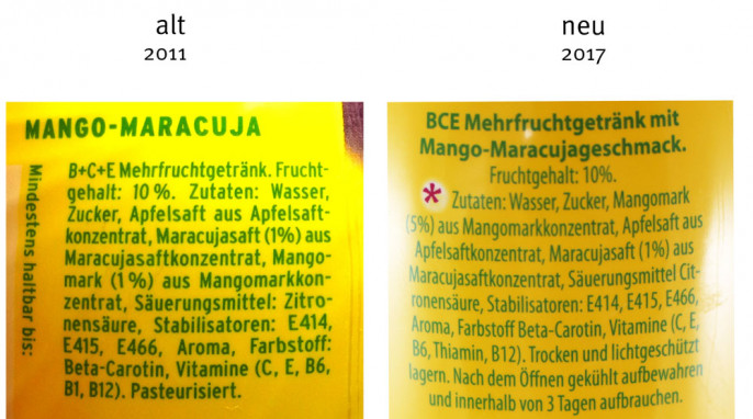 alt: Zutaten, Pfanner „Mango Maracuja“, 2011; neu: Zutaten Pfanner „Mango Maracuja“ 2017