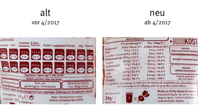 alt: Nährwerte, VitaSnack Rote Bete Crunch, vor April 2017, neu: VitaSnack Rote Bete Crunch, ab April 2017