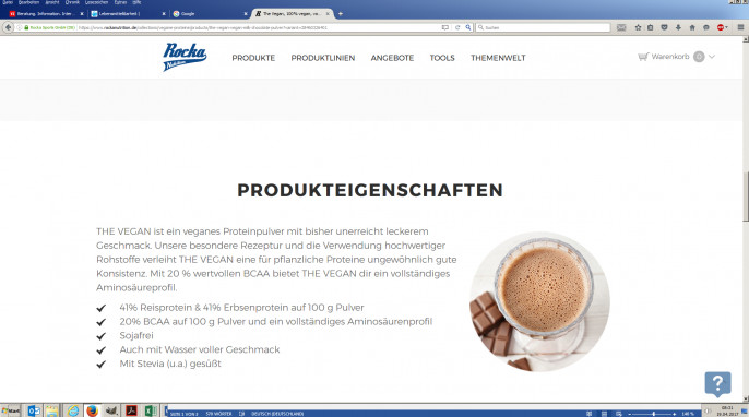 Eigenschaften, Rocka Nutrition Proteinpulver, Beispiel Sorte Vegan Milk Chocolate auf rockanutrition.de, Screenshot 19.04.2017 