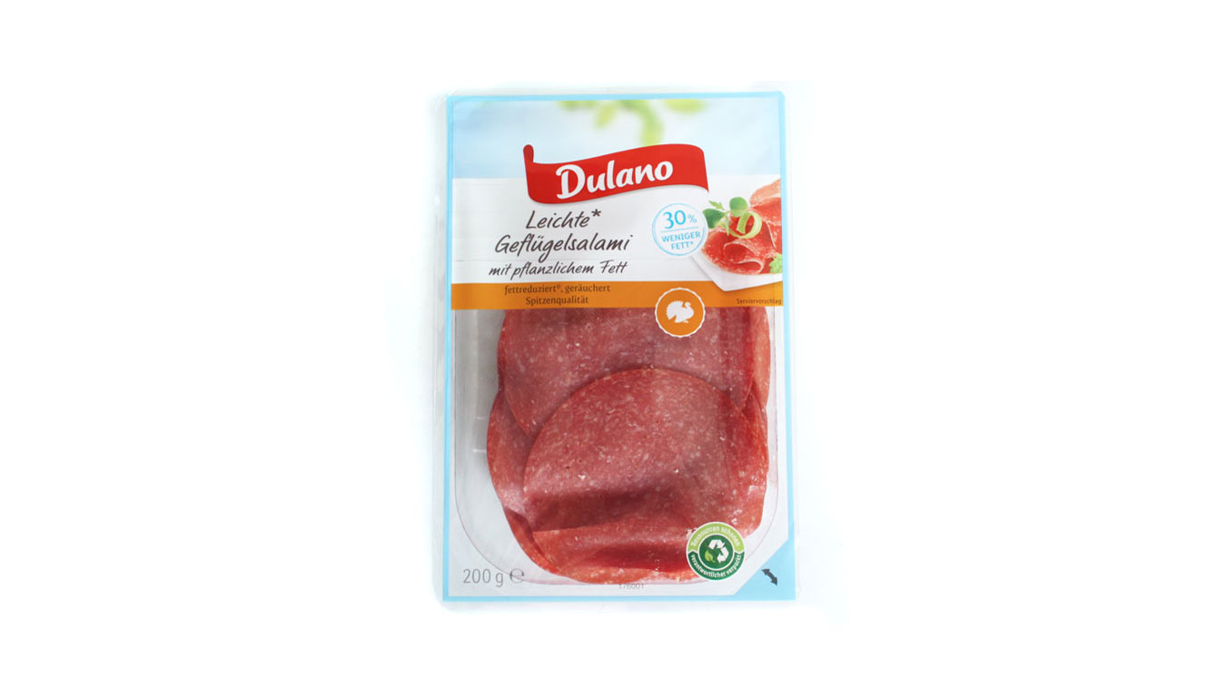 Dulano Leichte Geflügelsalami mit pflanzlichem Fett | Lebensmittelklarheit