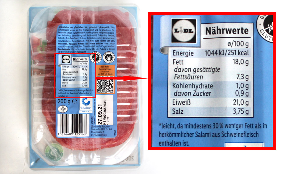 Dulano Leichte Geflügelsalami mit pflanzlichem Fett | Lebensmittelklarheit