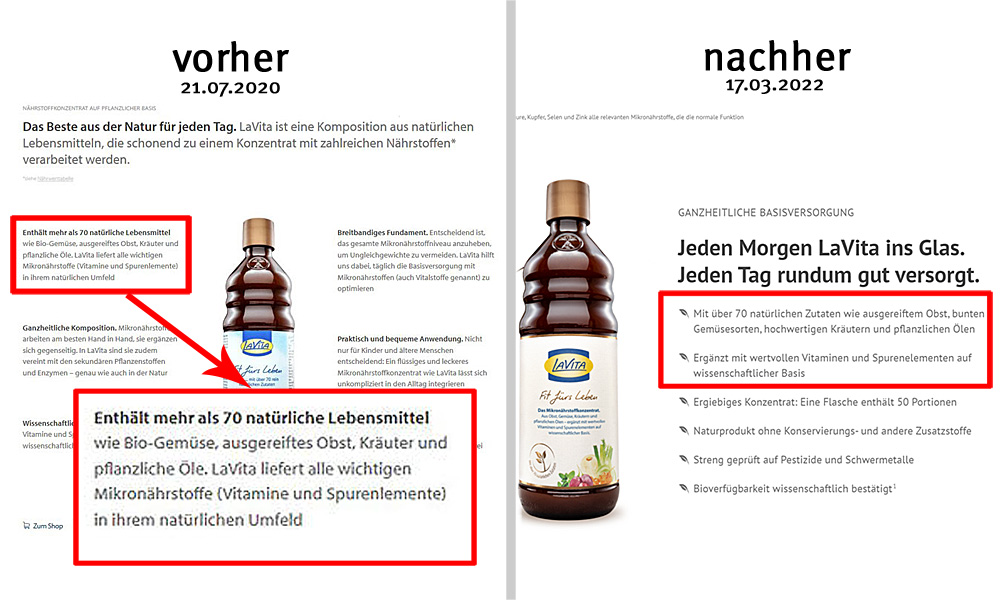 LaVita ändert Werbung auf der Website