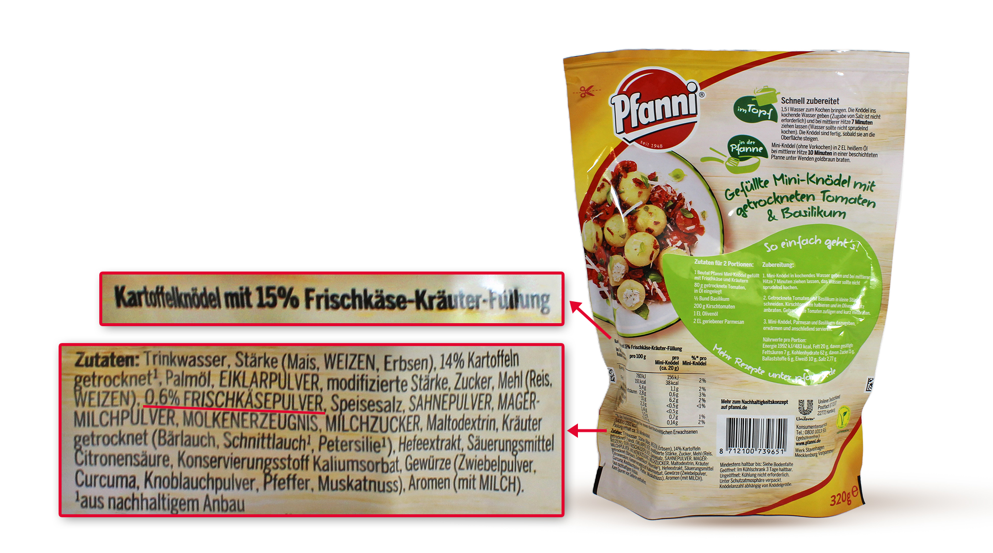 Pfanni MiniKnödel gefüllt mit Frischkäse & Kräutern Lebensmittelklarheit