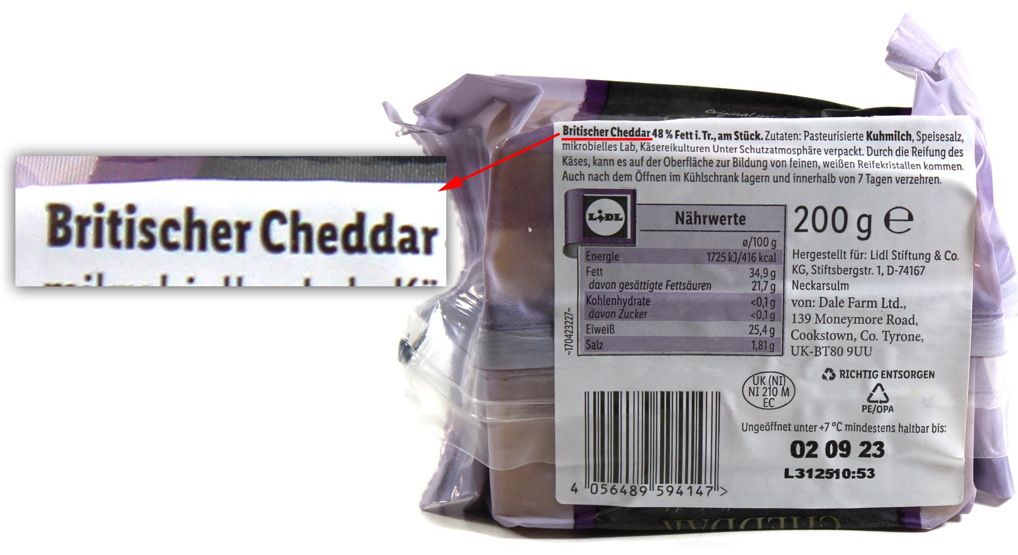 Milbona Original Irischer Cheddar | Lebensmittelklarheit