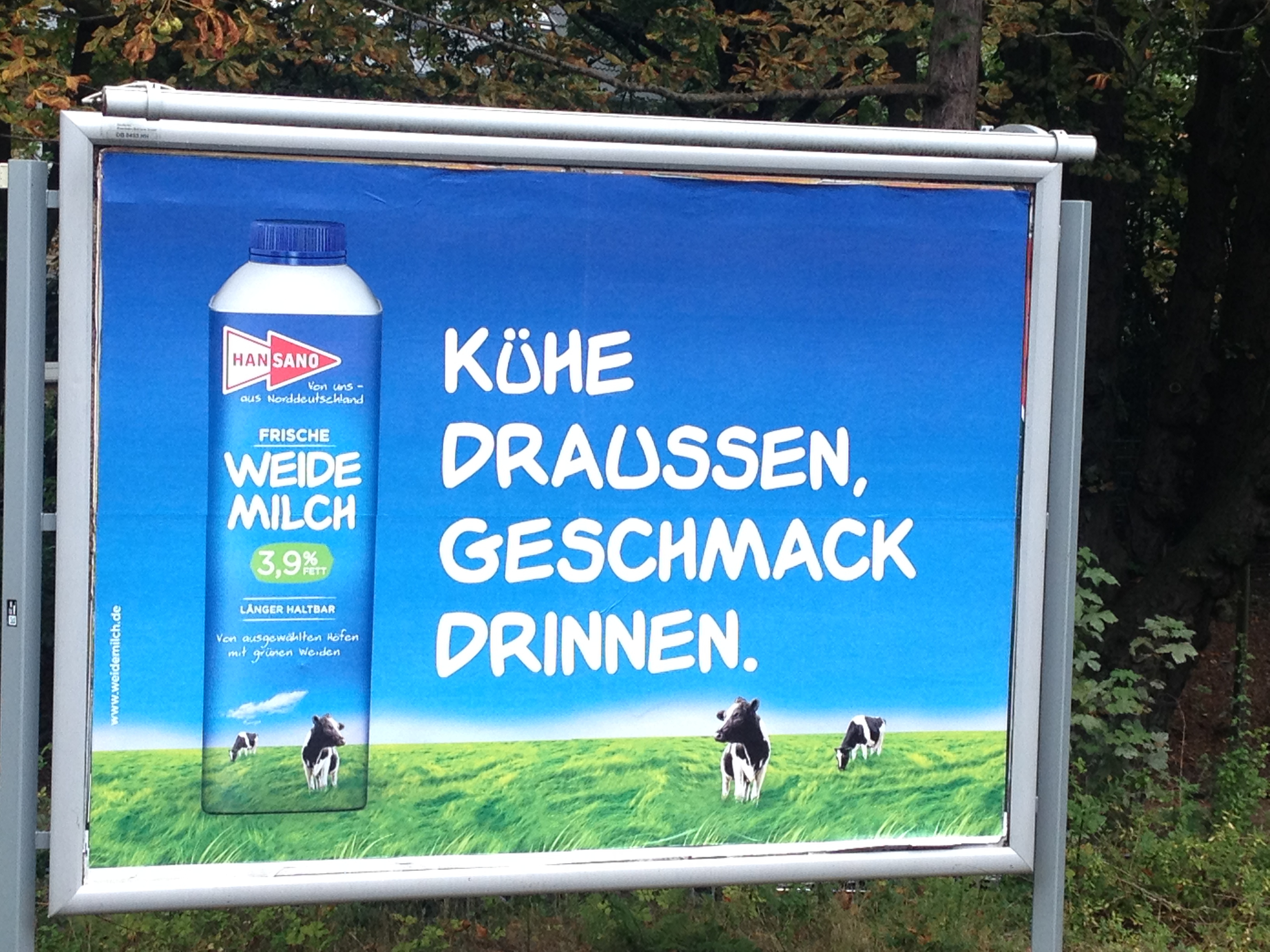 Plakatwerbung "Kühe Draussen, Geschmack Drinnen." für Hansano