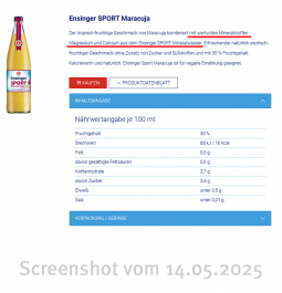Werbung für Ensinger SPORT Maracuja (Screenshot Mai 2025)