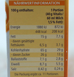 Nährwerte auf dem Vitalis Müsli von Dr. Oetker