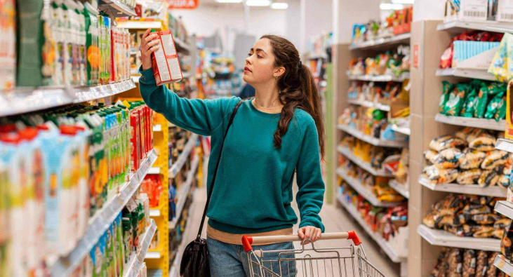 Frau schaut auf Saftpackung