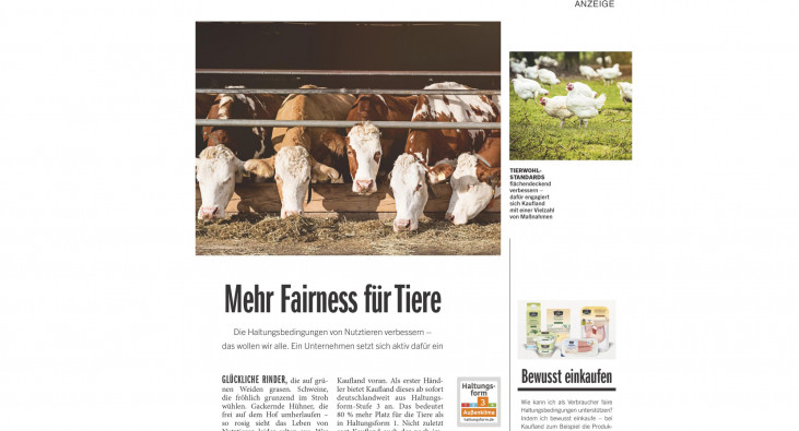 Anzeige „Mehr Fairness für Tiere“ von Kaufland, Stern Ausgabe 47/2021 Anzeige „Mehr Fairness für Tiere“ von Kaufland, Stern Ausgabe 47/2021
