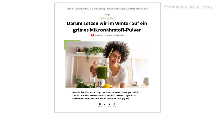 Werbung für Athletic Green, bunte.de, 26.01.2023