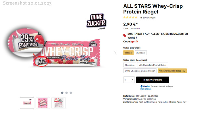 Angebot all stars Whey Crisp Protein Bar, Beispiel Sorte Weiße Schokolade Himbeere auf allstars.de, 20.01.2023 