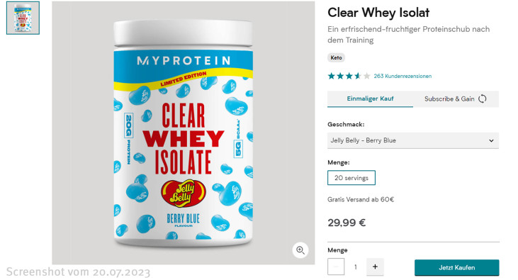 MyProtein Clear Whey Isolate, myprotein.com, 20.07.2023