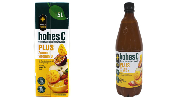 Flasche + Tetrapak, hohes C Plus Sonnenvitamin D