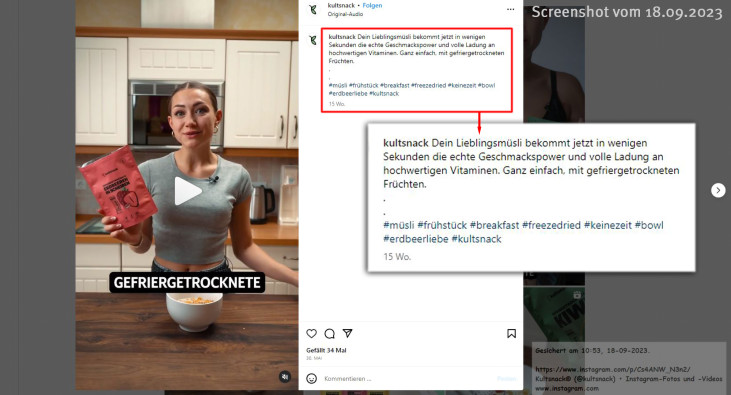Werbung, Kultsnack gefriergetrocknete Erdbeeren, kultsnack, instagram, 18.09.2023  