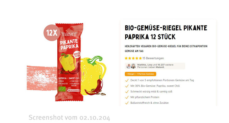Angebot, Malunt Bio-Gemüse-Riegel Pikante Paprika, Malunt.com, 02.10.2024