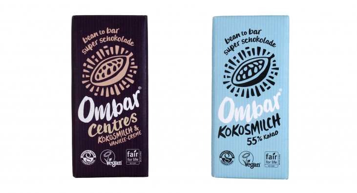 Ombar Centres Kokosmilch & Vanille-Creme und „Ombar Kokosmilch 55 % Kakao, 70 Gramm 