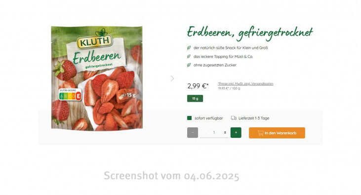 Angebot, Erdbeeren, gefriergetrocknet, Kluth-shop.de, 04.06.2025