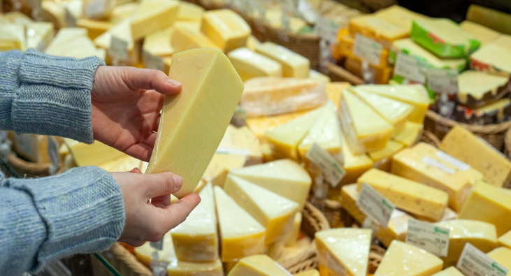 Hand mit einem Stück Käse