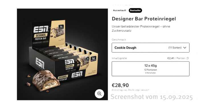 Angebot, Designer Bar Proteinriegel, Esn.com, 15.09.2025