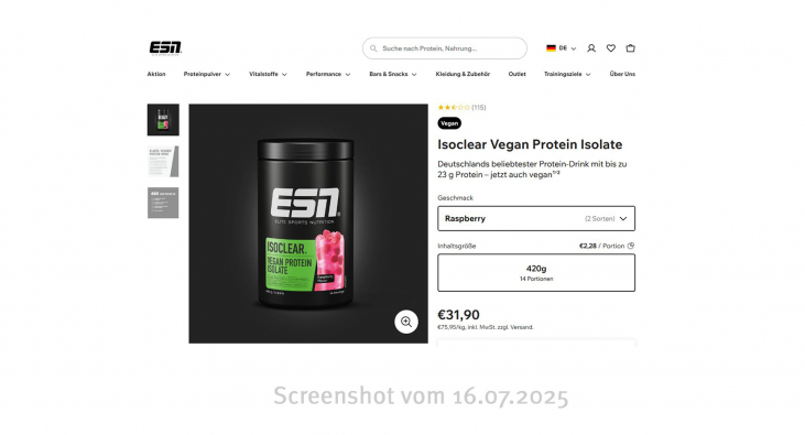 ] Isoclear Vegan Protein Isolate Rasberry Flavor, Esn.com, 16.07.2025