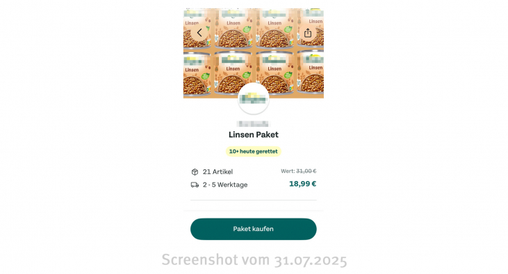 Angebot Linsen-Paket, Too Goo To Go-App, 31.07.2025 