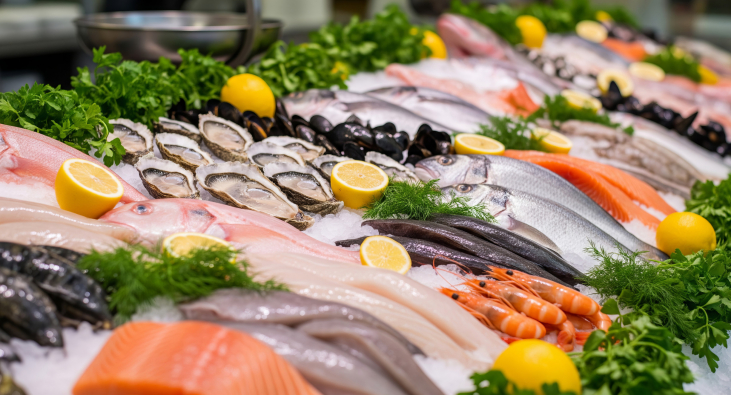 Fischtheke mit verschiedenen Fischsorten Fischtheke mit verschiedenen Fischsorten
