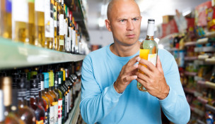 Mann betrachtet Flasche im Supermarkt - mit oder ohne Alkohol?