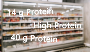 Supermarktregal mit Milchprodukten, darüber verschiedene Proteinangaben
