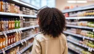 Frau im Supermarkt vor Konservenregal