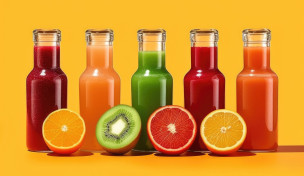 5 Saftflaschen mit passendem Obst
