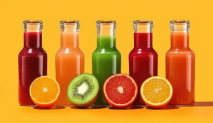 5 Saftflaschen mit passendem Obst