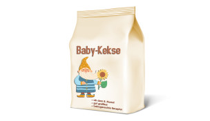 Baby-Kekse, anbieterneutral, Zwergillustration. Text: ab dem 8. Monat, gut greifbar, babygerechte Rezeptur