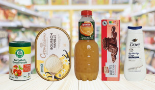 Mogelpackungen des Jahres. Lebensbaum Tomaten-Gewürzsalz von Ulrich Walter, Cremissimo Bourbon Vanille von Unilever, Granini Trinkgenuss Orange von Eckes-Granini, Biscotto Waffelblättchen von Aldi Nord, Dove Duschcreme von Unilever
