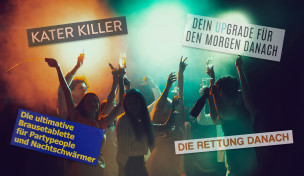 Feiernde Menschen, im Vordergrund die Claims der Katermittel-Hersteller