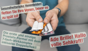 Aussagen der Aura Natura Werbung vor Mann mit Pillendragees
